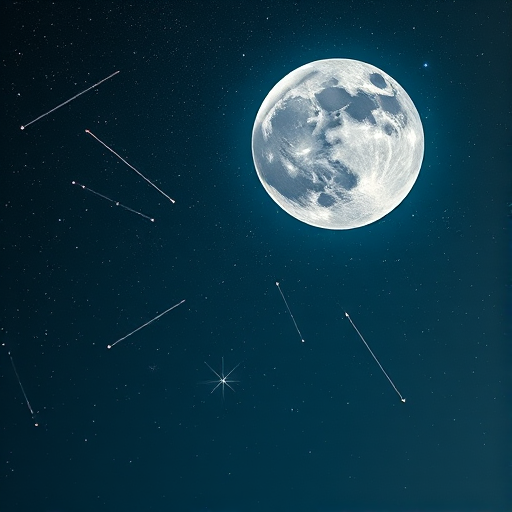 Create a high-resolution digital illustration of a night sky with a large full moon and shooting stars, using a Canon EOS 5D Mark IV with an aperture of f/8, ISO 100, 24mm focal length, and a wide-angle lens to capture a vivid and detailed celestial scene.