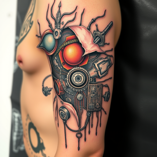 Biomechanical tattoo titled "Cybernetic Fusion" blending organic forms with mechanical components, creating the illusion of skin peeling away to reveal complex machinery and circuitry underneath, with a mix of metallic and flesh-toned colors
