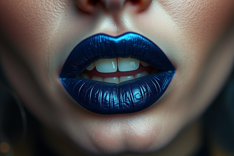 Midnight blue woman lips with metallic sheen, perfect for edgy and alternative makeup looks