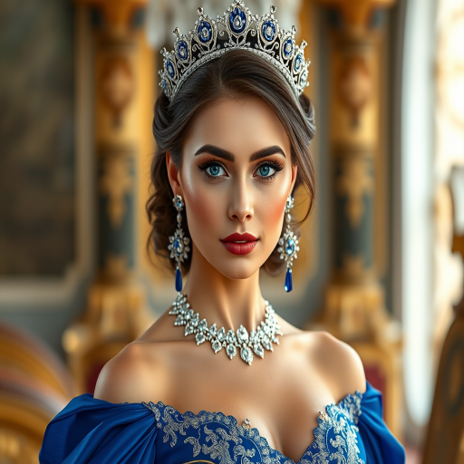 A gorgeous Kyrgyz woman in a luxurious blue gown, accessorized with a dazzling tiara and statement earrings, her deep blue eyes highlighted by impeccable makeup, poised in a royal setting, photorealistic, 8K quality