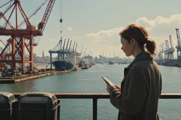 Bustling harbor with towering cranes, ships being loaded with cargo, a woman stands on the pier, a notebook in hand as she sketches the industrial scene in front of her.