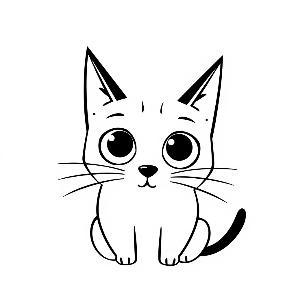 Create a black and white minimalist illustration of a cat. The cat should have large, round eyes and a simplistic, cartoonish style. Its ears should be tall and pointed, and its whiskers should be simple lines extending from its face. The background should be plain white to emphasize the cat's silhouette.