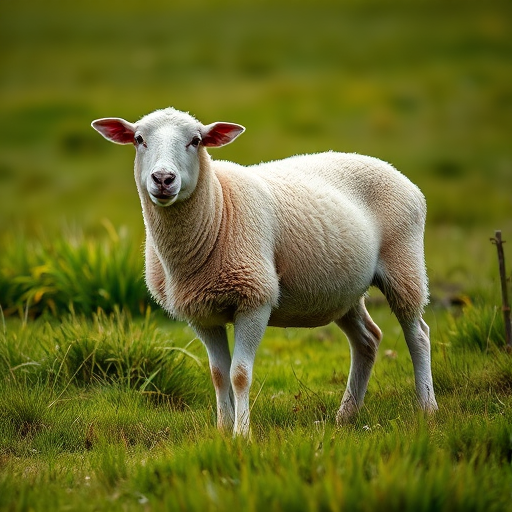Create a realistic depiction of a sheep standing in a green pasture, captured with a DSLR camera at f/4 aperture, ISO 100, 1/250 sec shutter speed, 50mm lens, using a wide-angle view to enhance detail and depth.