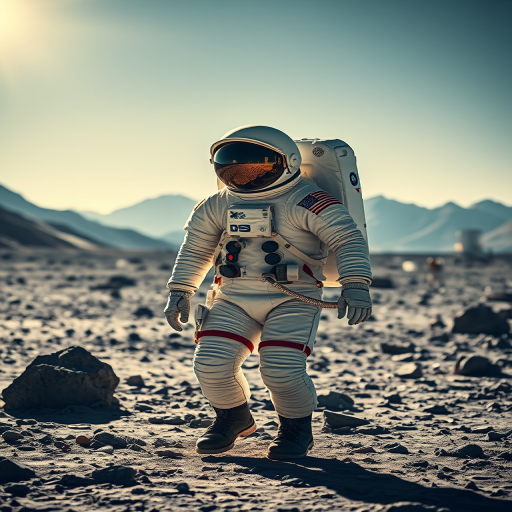 Astro-navigator exploring a lunar landscape, dramatic lighting illuminating the astronaut's suit, detailed mountains in the background, high-resolution photography, settings: ISO 100, f/8, 1/250s, wide-angle lens, DSLR camera, soft focus on distant structures for depth.