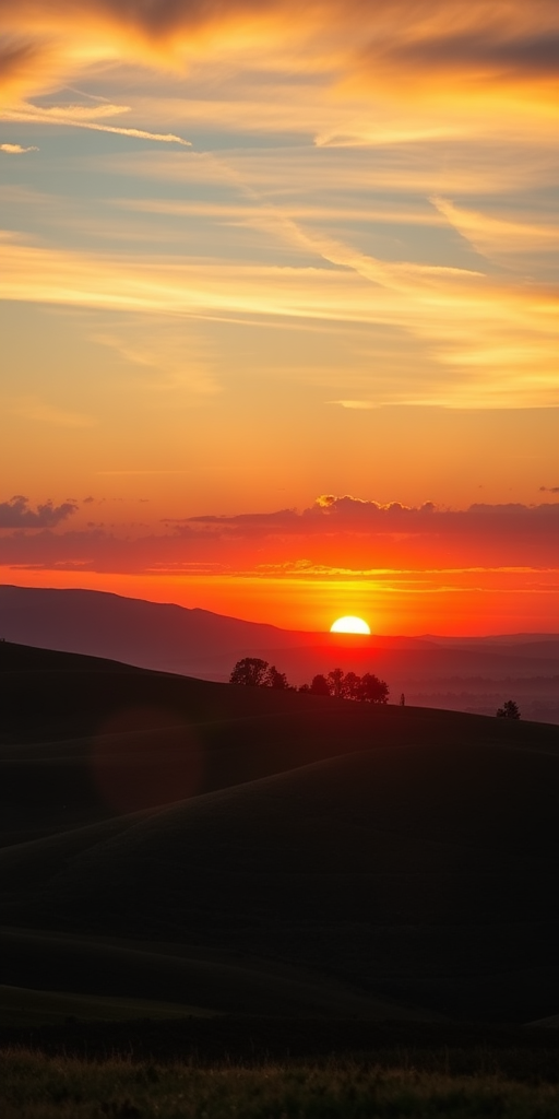Create a high-resolution image of a serene landscape featuring rolling hills and a vibrant sunset, captured with a Canon EOS 5D Mark IV at f/8, ISO 100, 24mm focal length, using a wide-angle perspective in natural lighting.
