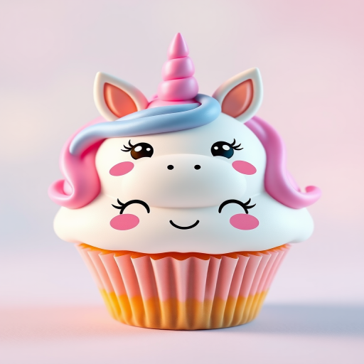Generate a cute cartoon unicorn cupcake with pastel colors, soft gradients in the background, friendly smiling face, high-resolution digital illustration, shot with a Canon EOS 5D Mark IV, aperture f/2.8, ISO 100, 50mm lens for sharp detail and vibrant colors.