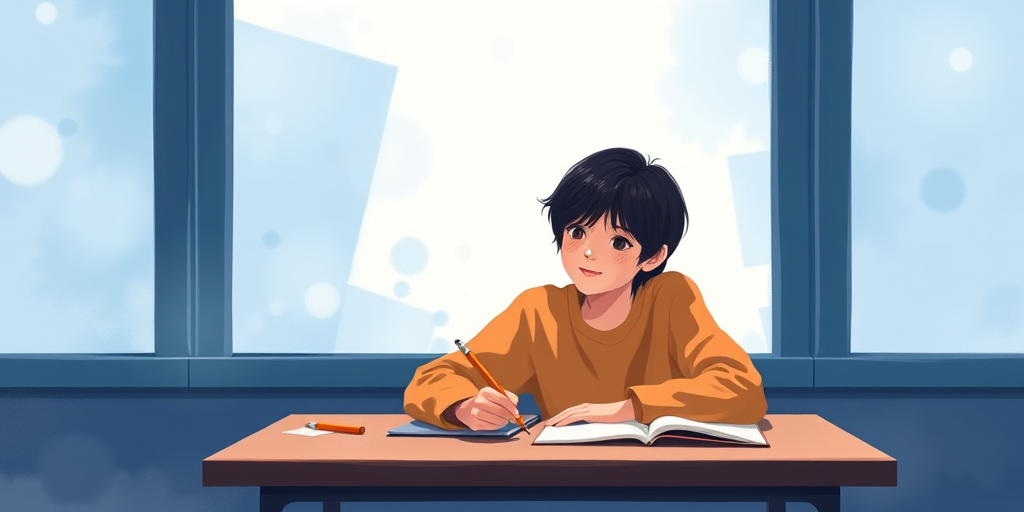 Create a digital illustration of a young person with dark hair sitting at a table, holding a pencil and a notebook, with a serene blue and white abstract background, taken with a Canon EOS R5, 50mm lens, f/1.8 aperture, ISO 100, using a soft focus style for a dreamy effect.
