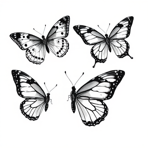Generate an image of three butterflies in black and white. The butterflies should have intricate patterns on their wings, with one butterfly featuring spots, another with stripes, and the third with a combination of both. The background should be a soft, light color to enhance the delicate appearance of the butterflies.