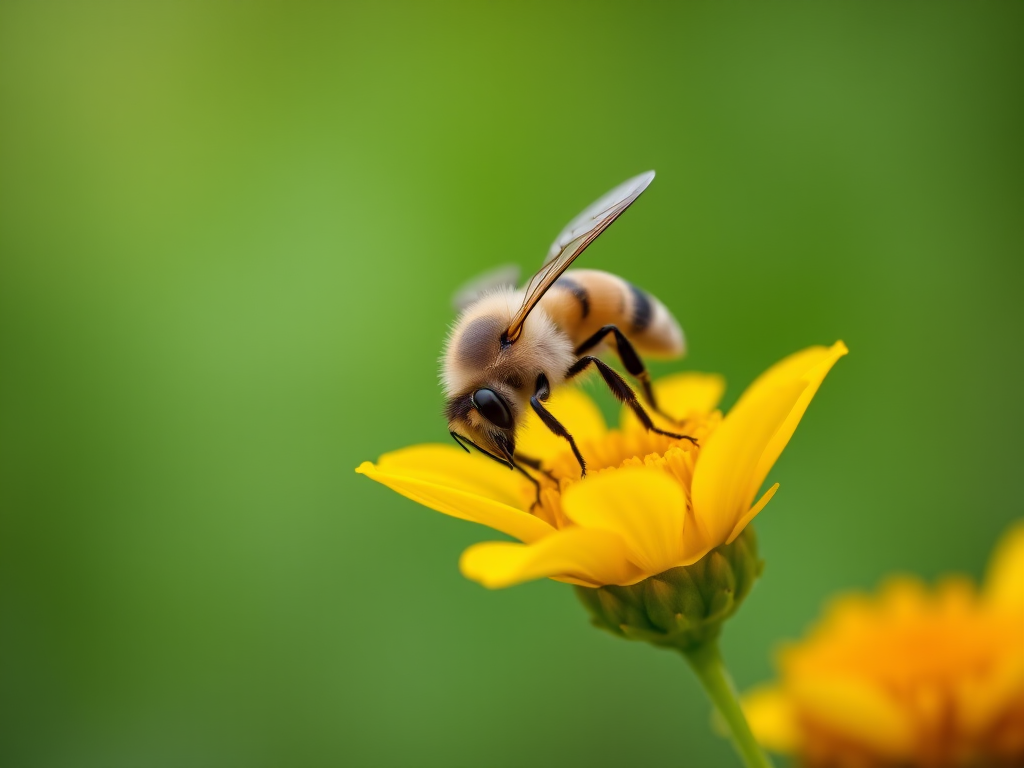 a close-up of a bee on a vibrant yellow flower with detailed petals and blurred green background, using a Canon EOS 90D, 100mm f/2.8 macro lens, aperture f/4, shutter speed 1/200s, ISO 400, natural lighting, shallow depth of field