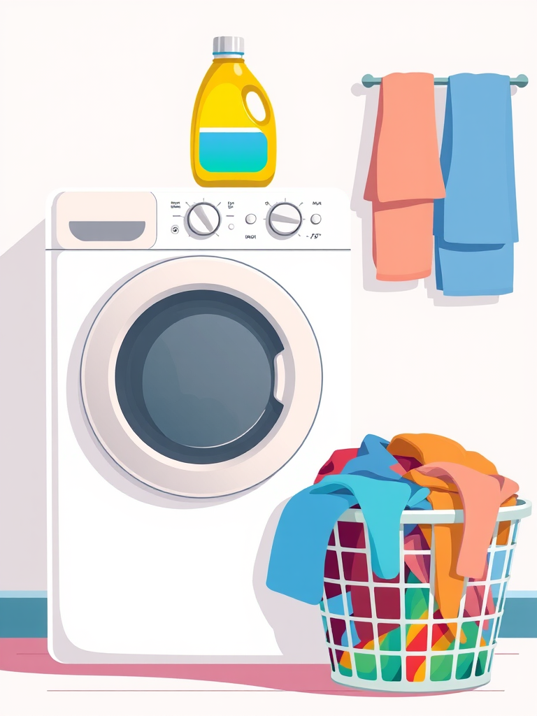 Illustration of a washing machine with a bottle of laundry detergent on top, next to a laundry basket filled with colorful clothes, use a clean vector style, ensure vibrant colors and clear outlines, camera settings: f/8, ISO 100, 1/200s, shoot from a slightly elevated angle, use a digital illustration technique with a flat design style.