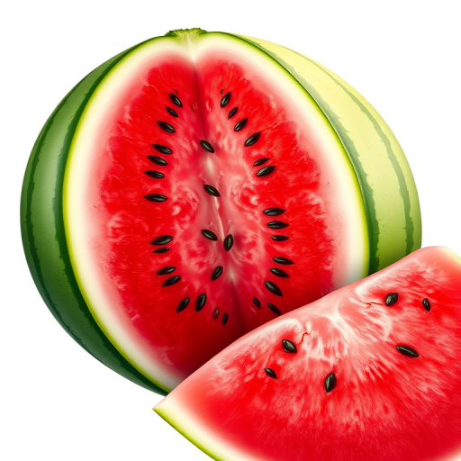 Create a vibrant illustration of a whole watermelon, partially sliced to reveal the juicy red interior with seeds, set against a clean white background, using a Canon EOS R5 camera with a 50mm lens, aperture f/1.8, ISO 100, and a shallow depth of field for enhanced clarity and color contrast.