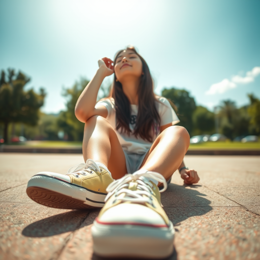 Generate an ultra-realistic, highly detailed, high-definition photograph. It's a photo of a girl sitting on the floor. She's looking at the horizon. The photo is taken from the bottom up, at ground level. The girl's sneakers are in the foreground, in the center of the scene. The girl is wearing light clothes, a t-shirt and short shorts. The sky is blue. Bright environment. The background is a blurred image of a park.