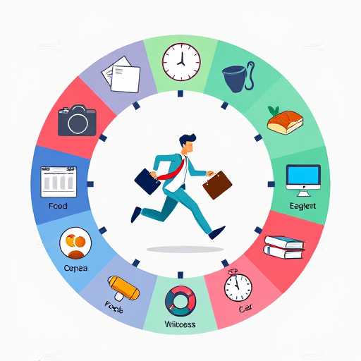 Create a digital illustration of a circular infographic representing time management, featuring a central figure running with a briefcase among icons for food, books, computers, a car, and a bed in a vibrant color scheme, shot with a DSLR camera in high resolution, aperture f/2.8, ISO 100, and a 50mm lens.