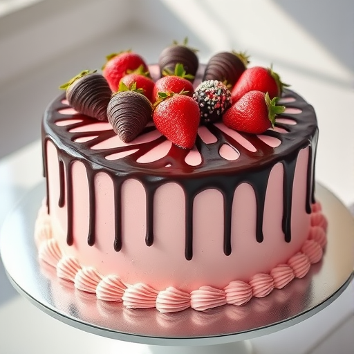A delicious round cake with a light pink frosting base drizzled with dark chocolate ganache topped with chocolate-covered strawberries and decorative swirls of pink frosting on the sides placed on a silver cake stand in a bright setting.