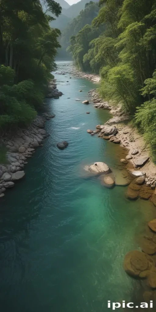 Tranquil River Flowing Through Lush Green Landscape Surrounded by Nature