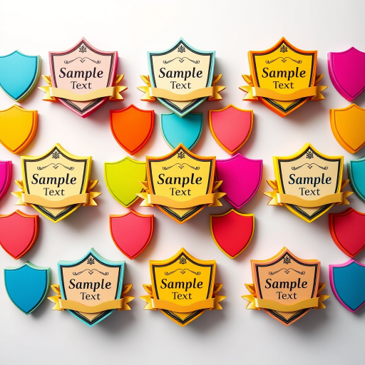 Create a high-resolution grid of colorful shields with elegant banners displaying "Sample Text" in stylish typography, using a Canon EOS R5 with a 50mm f/1.2 lens, shot from a top-down view, in a vibrant and well-lit studio setting.