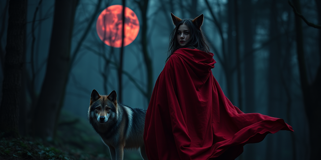 A mystical scene featuring a woman in a flowing red cloak with wolf ears, standing next to a wolf in a dark forest with a blood-red moon, captured with a DSLR camera, aperture f/2.8, ISO 100, 50mm lens, high dynamic range, high saturation, cinematic style, soft focus background.