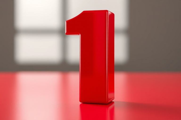 Create a high-resolution image of the number one in bold, glossy red, with a gradient effect and a reflective surface, captured with a DSLR camera at f/8, 1/125s, ISO 200, in a well-lit studio setting, using a shallow depth of field for a soft background blur.