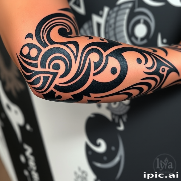 Powerful tribal-inspired tattoo wrapping around the bicep and forearm featuring bold black patterns with negative space elements inspired by Polynesian and Maori designs intricate swirls and sharp angles