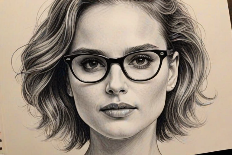Bewitching Natalie Portman, pencil sketch, portrait of Captivating woman 1975s in glasses, hair style beatnik, outline, clear lines, fine lines, 8k
