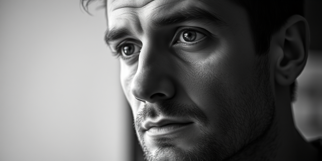 Create a high-contrast black and white portrait of a man with a thoughtful expression, using a DSLR camera with a 50mm lens, f/1.8 aperture, ISO 100, shutter speed 1/200s, and a shallow depth of field, focusing on his facial features while slightly blurring the background.