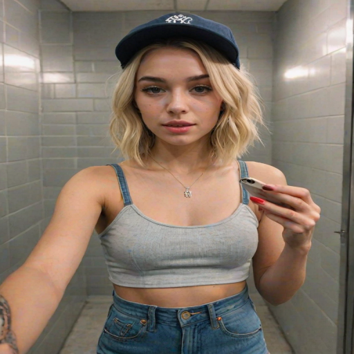 The image is a photograph of a young woman taking a selfie in what appears to be a public restroom, as evidenced by the grey cinder block walls and metal stall doors. She is a Caucasian woman with light skin Her facial features include a small nose, full lips, a beauty mark under her right eye and she has a subtle, natural makeup look with a focus on her eyes, which are accentuated with blue eyeshadow and mascara, giving her an alluring gaze. She has shoulder-length blonde hair, styled in a loose bob. She is wearing a dark blue denim cap, a black T-shirt featuring a stylized, intricate skull graphic with the word "Download" and some text below it, and light blue denim shorts. Her nails are painted a light pink, and she has a delicate silver necklace around her neck. She holds a red iPhone 12 mini, capturing her reflection in a mirror. The woman has a subtle, natural makeup look with a slight smile and neutral expression. The restroom features a tiled floor and a metal handrail visible at the bottom of the image. The lighting is bright, casting minimal shadows and providing a clear view of her outfit and the surroundings. The overall mood of the image is casual and candid, capturing a moment of everyday self-expression. The setting and attire suggest she is likely in her late teens or early twenties.