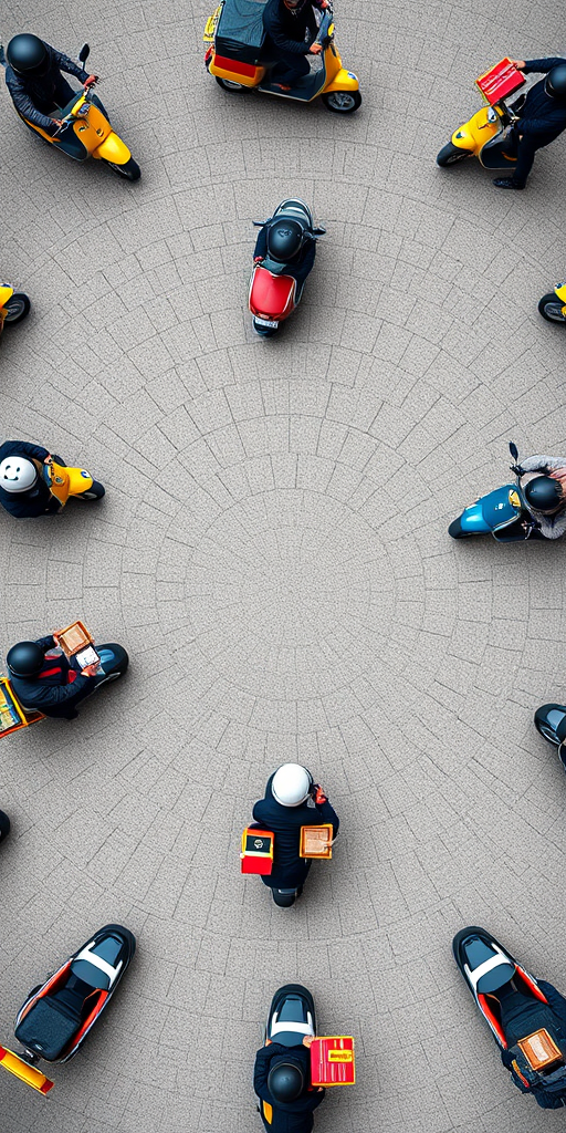 Create a seamless circular pattern of delivery riders on scooters, each rider holding a box, vibrant colors, high resolution, 50mm lens, f/8 aperture, 1/125 sec shutter speed, shot from above, using a DSLR camera.