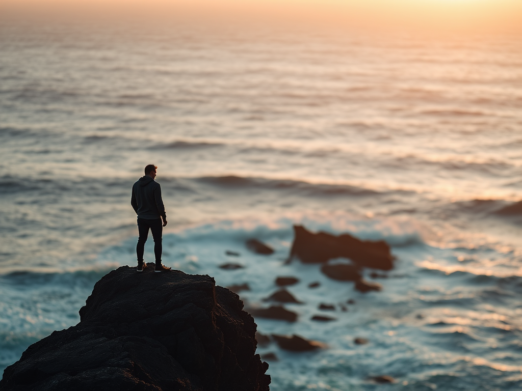 Soft-focus image of a solitary figure standing on a cliff overlooking the ocean at sunrise, soft golden light illuminating the waves crashing against the rocks below.