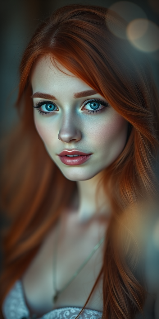 Create a portrait of a woman with long, flowing red hair and striking blue eyes, in soft focus with a dreamy bokeh background, shot with a Canon EOS 5D Mark IV, 85mm f/1.4 lens, aperture set to f/2.8, ISO 100, and a shallow depth of field, capturing vibrant colors and smooth skin texture.