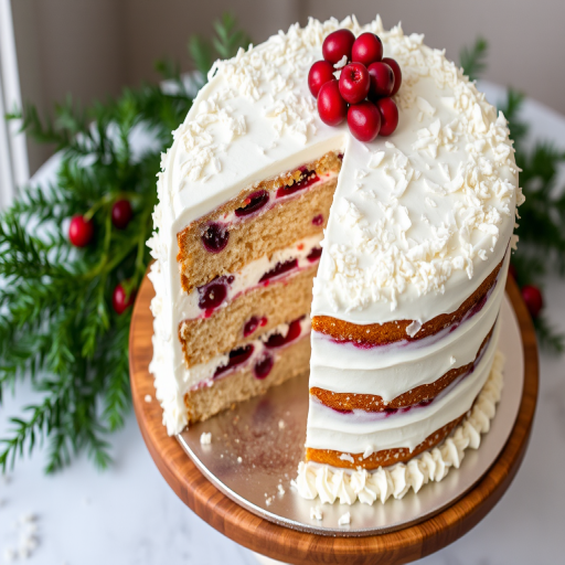 A beautifully decorated three-layer cake with white frosting and coconut flakes on top, showing a slice removed to reveal layers of cake and cranberry filling, garnished with fresh cranberries, placed on a wooden cake stand with a metallic base, surrounded by greenery.