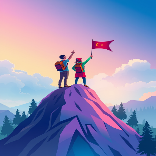 A colorful digital illustration of two people on a mountain peak, one waving a flag, against a soft gradient background featuring clouds and trees, high-resolution, 4K, shot with a wide-angle lens at f/8, ISO 100, 24mm focal length, vibrant colors, smooth gradients.