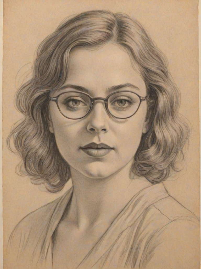 Superb Charlotte Church, pencil sketch, portrait of Comely woman 1927s in glasses, hair style beatnik, outline, clear lines, fine lines, 8k