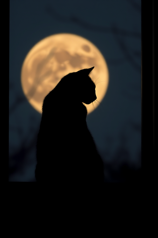Generate an image of a stylized black silhouette of a cat sitting on a windowsill with a full moon in the background, captured with a Canon EOS R5, 85mm lens, aperture set to f/1.8, ISO 100, in a soft-focus style to enhance the silhouette effect.