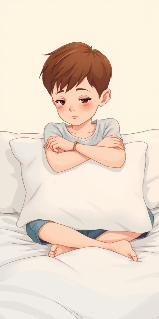 create an illustration of a young boy with short brown hair sitting on a bed with his arms wrapped around a pillow, looking down in a thoughtful pose, use a soft color palette, ensure clean line art, apply a shallow depth of field for focus, shot from a slightly elevated angle, use a digital art style to enhance clarity and detail