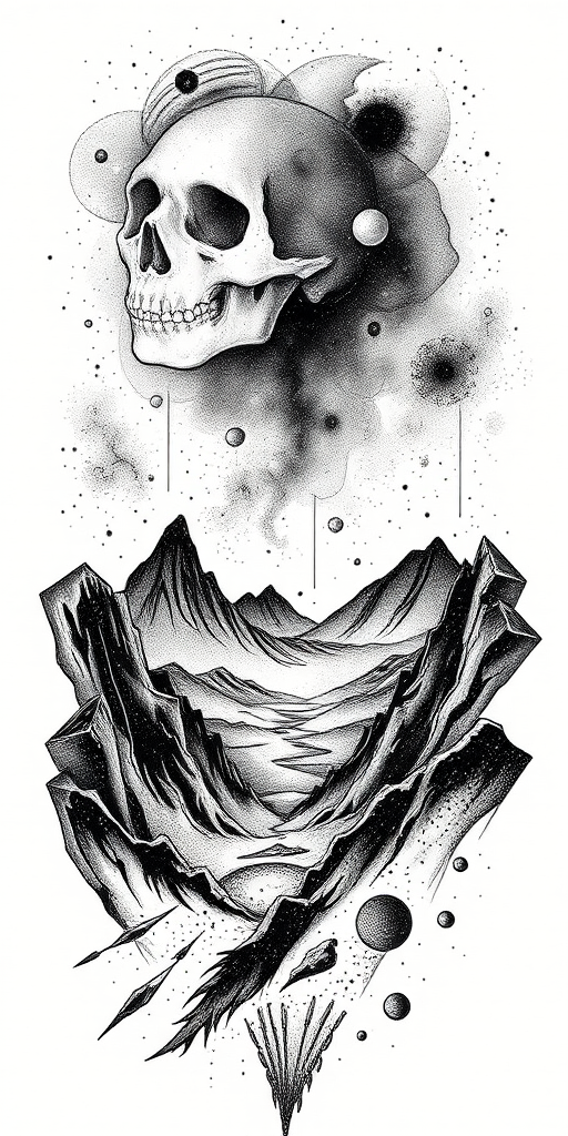 Dot work "Cosmic Topography" tattoo illustration depicting abstract landscapes and otherworldly terrain using meticulous stippling techniques to create depth texture and ethereal atmospheric effects