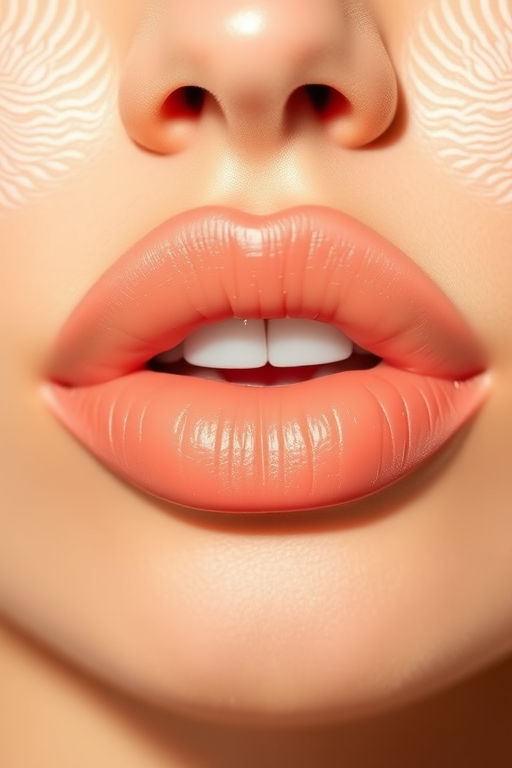 Peach-toned nude lips with a creamy satin finish and warm golden undertones, called "Sun-Kissed Nectar Glow"