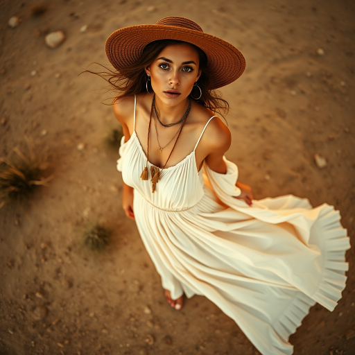 Desert setting, bohemian model, flowy dresses, earthy tones, rustic sunset effect,  equipped with a 12mm lens to capture an overhead view of the model, emphasizing symmetry and spatial positioning