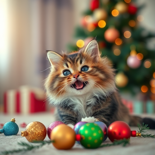 A joyful fluffy tabby cat playing with colorful holiday ornaments in a cozy Christmas setting, soft focus background with a beautifully decorated tree, warm lighting, 50mm lens, f/1.8, ISO 200, natural light, DSLR.
