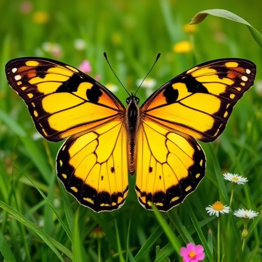 Create a vibrant image of a butterfly with large yellow and black wings, perched on a green grass background with flowers. Focus on the intricate patterns on the wings and the lush greenery surrounding it.
