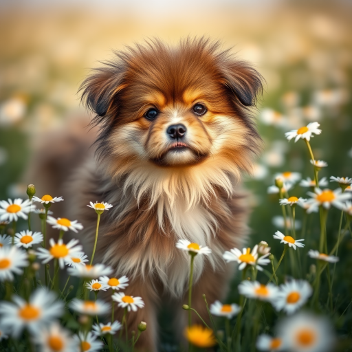 A fluffy dog standing in a field of daisies, captured with a Canon EOS R5, 50mm f/1.2 lens, aperture f/2.8, ISO 100, shutter speed 1/500, natural light, shallow depth of field to highlight the dog and flowers in soft focus.