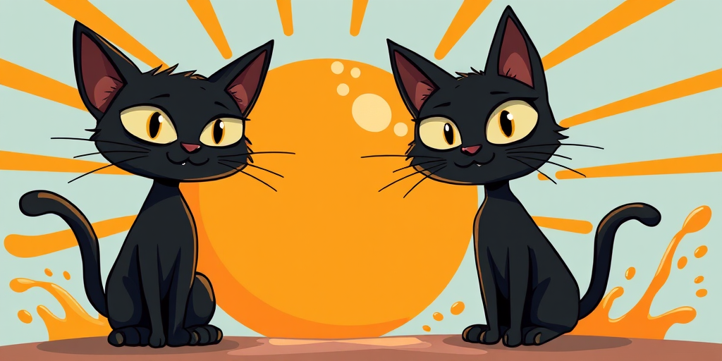 Create a cartoon-style illustration of two black cats with exaggerated features standing near a large orange sun, incorporating vibrant colors and a playful background of splashes; use a DSLR camera with a 50mm lens, aperture f/2.8, ISO 100, and a shallow depth of field for enhanced image quality.