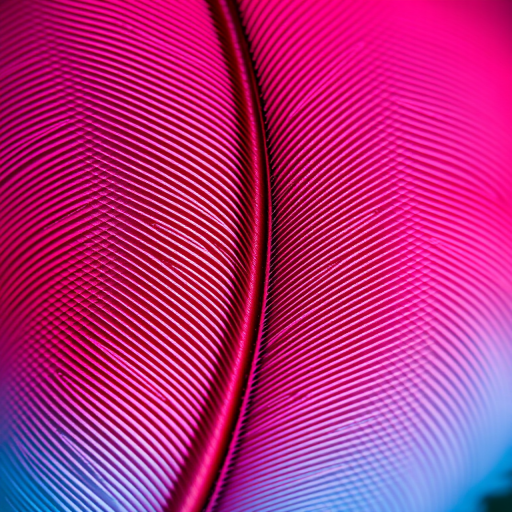 Create a hyper-realistic close-up image of a feather with a gradient of red to blue, using a DSLR camera at f/2.8 aperture, ISO 100, 50mm lens, and natural light for enhanced clarity and detail.