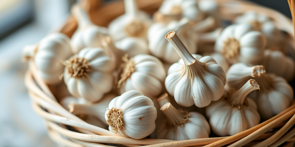 high-quality close-up photograph of a basket of garlic cloves, natural light, f/2.8 aperture, 1/60 sec shutter speed, ISO 200, 50mm lens, shallow depth of field, soft focus background