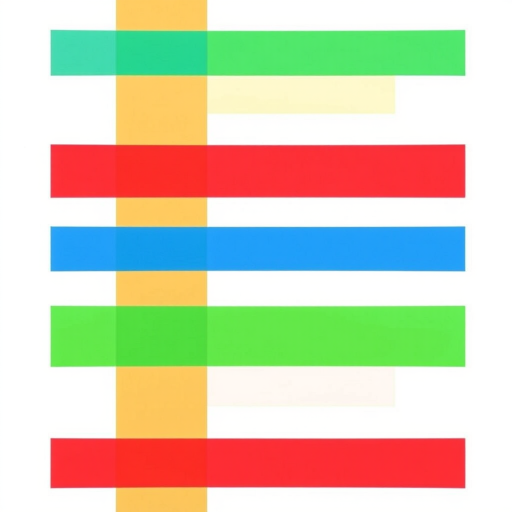 Create an image of an abstract design featuring four horizontal and vertical bands in blue, yellow, green, and red against a white background, captured with a DSLR camera at f/8 aperture, 1/100 sec shutter speed, ISO 200, shot from a straight-on view with a clean, modern style.