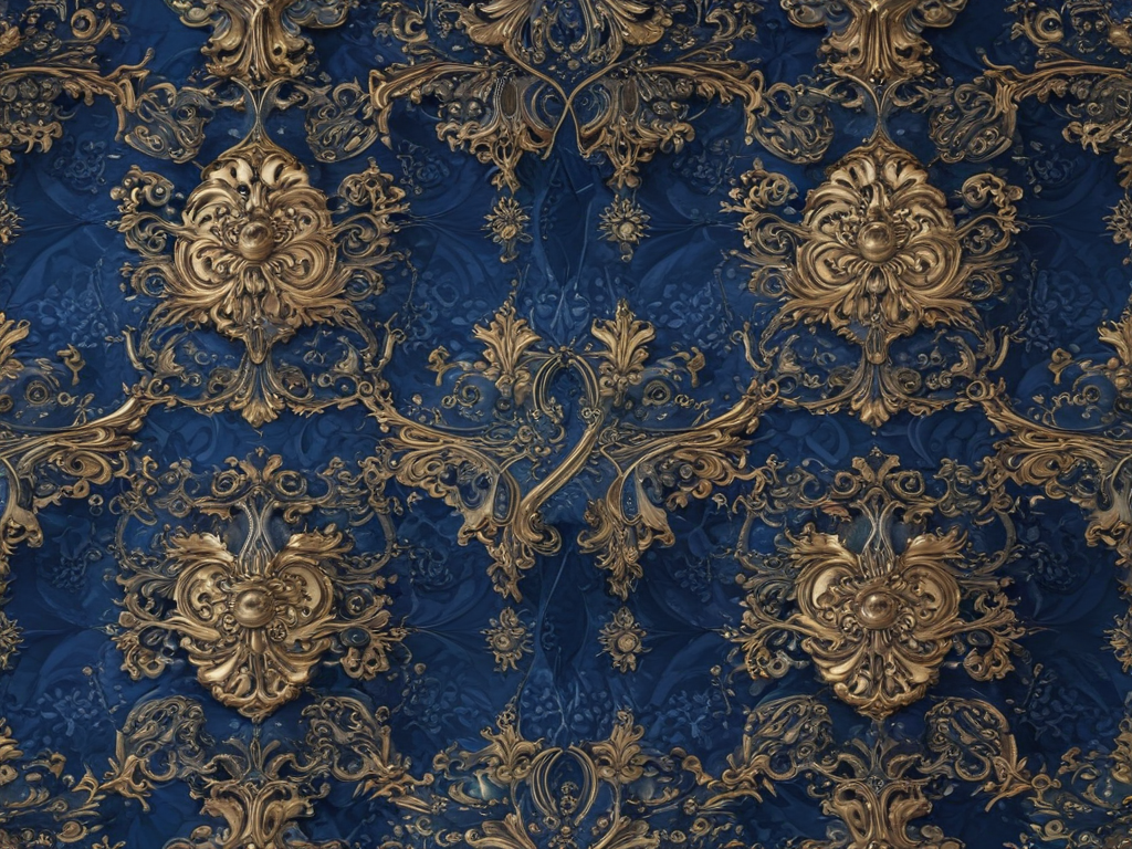 Elegant Blue and Gold Damask Pattern with Intricate Floral Designs.