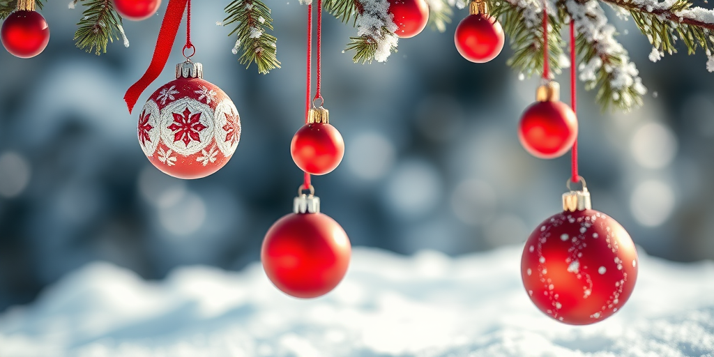 Generate an image of a festive holiday scene featuring red and white ornaments hanging above a snowy surface, captured with a DSLR camera at f/8 aperture, ISO 100, 50mm lens, shallow depth of field, in bright daylight for enhanced clarity and color vibrancy.
