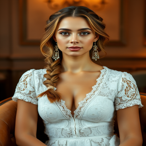 Create a portrait of a refined and elegant woman seated in a sophisticated setting. She has long, wavy hair styled in two thick braids that are pulled over her shoulders. She wears a white, lace gown with intricate patterns, featuring a deep V-neckline and short sleeves. The dress exudes a vintage charm with its delicate lacework. She is adorned with ornate, dangling earrings that add a touch of glamour to her appearance. The background is softly lit, with warm, ambient lighting that creates a cozy and inviting atmosphere. Her expression is poised and serene, capturing a sense of grace and elegance.