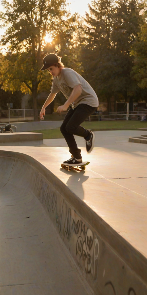 Blurry action shot of a skateboarder grinding a rail in an urban skate park at dusk, soft golden light from the setting sun casting long shadows on the pavement, with distant graffiti-covered walls and trees barely visible.