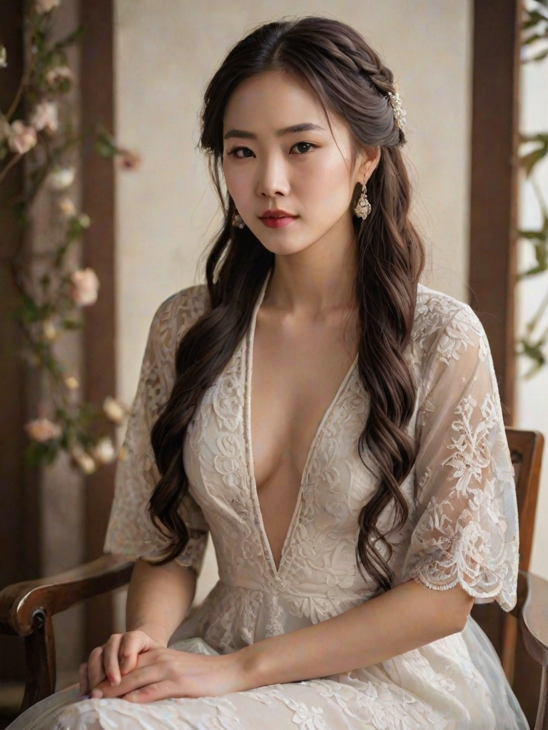 Create a portrait of a refined and elegant Chinese woman seated in a sophisticated setting. She has long, wavy hair styled in two thick braids that are pulled over her shoulders. She wears a white, lace gown with intricate patterns, featuring a deep V-neckline and short sleeves. The dress exudes a vintage charm with its delicate lacework. She is adorned with ornate, dangling earrings that add a touch of glamour to her appearance. The background is softly lit, with warm, ambient lighting that creates a cozy and inviting atmosphere. Her expression is poised and serene, capturing a sense of grace and elegance.