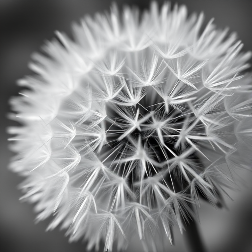 close-up of a dandelion with detailed textures in black and white, shallow depth of field, aperture f/2.8, ISO 100, 50mm lens, natural lighting, macro photography